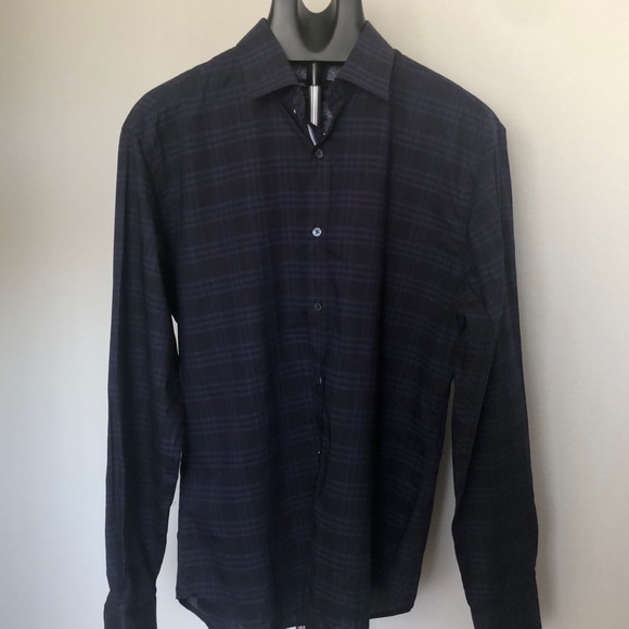 Bugatchi Midnight Blue Checked Long Sleeve Button Up Shirt Sz L - Picture 3 of 11